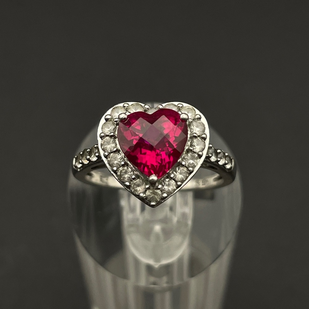 Sterling Silver‎ Ruby Color Halo Heart Ring Fuchsia Sparkling Heart Bling Ring